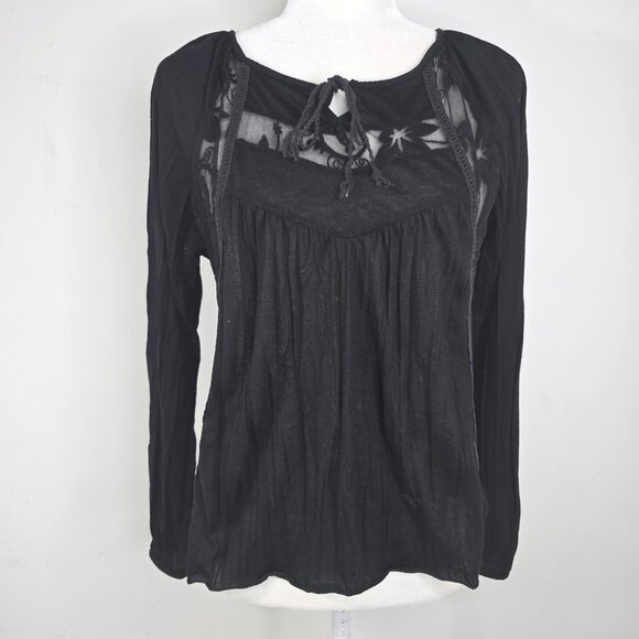 Women's Black Long Sleeve Floral Lace Peasant Relaxed Fit Top Goth punk Whimsigo - Picture 1 of 7